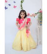 Yellow Lehenga with Pink Choli and Mirror Boti Dupatta