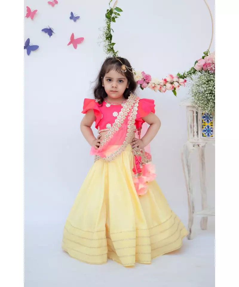 Yellow Lehenga with Pink Choli and Mirror Boti Dupatta