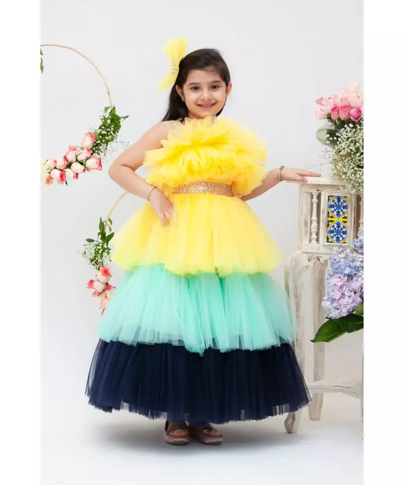 Yellow Aqua and Blue Frill Gown