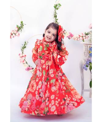 Red printed full length ethnic dress with dupatta 2
