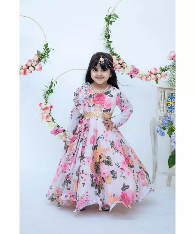 Pastel Peach Floral Print Anarkali