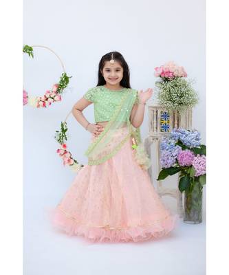 Green Embroidery Choli with Peach Boti Lehenga 1