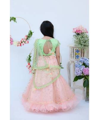 Green Embroidery Choli with Peach Boti Lehenga 2
