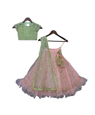 Green Embroidery Choli with Peach Boti Lehenga 3