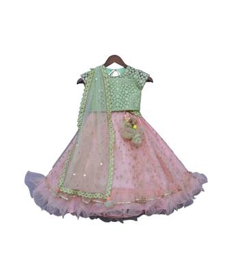 Green Embroidery Choli with Peach Boti Lehenga 4