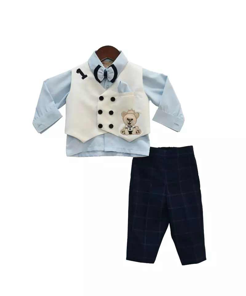 Blue Shirt with Pant and White Waist Coat Set