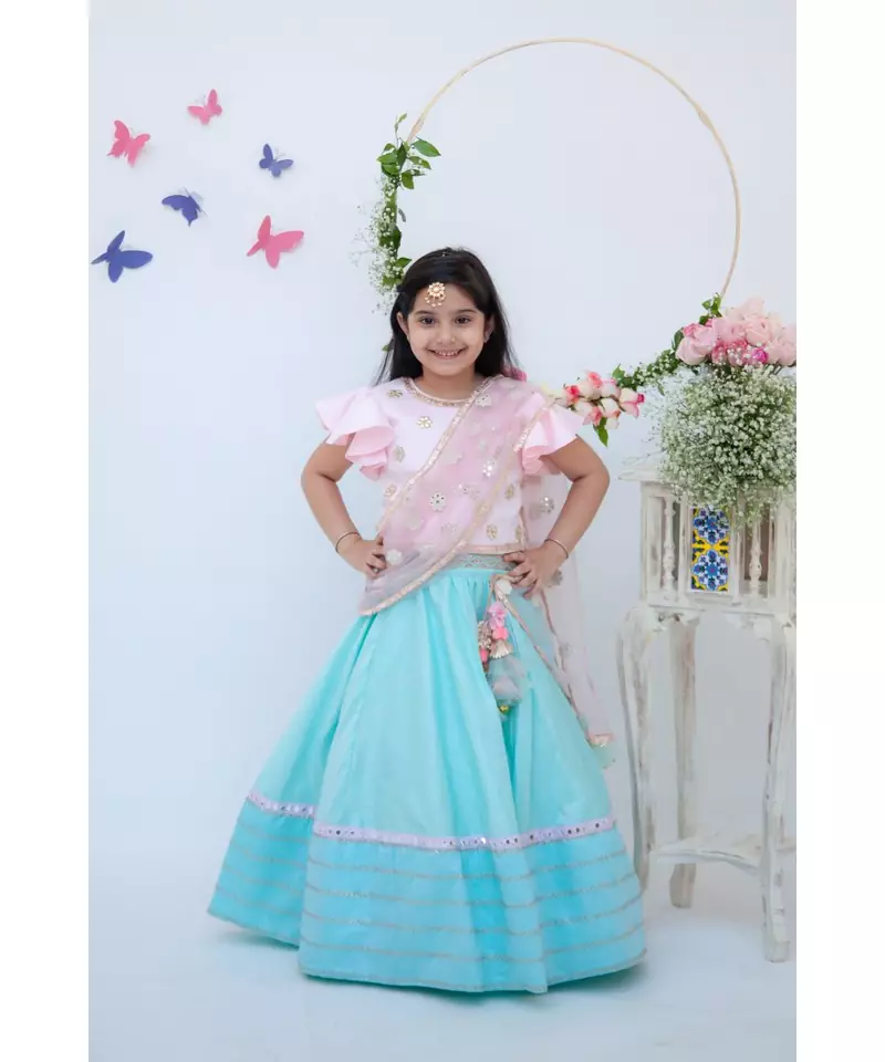 Blue Lehenga with Pink Choli and Mirror Boti Dupatta