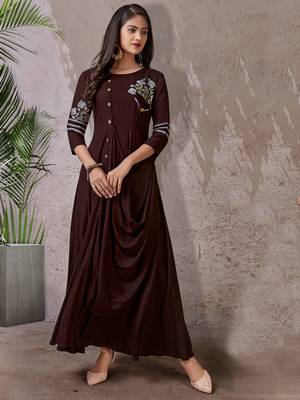 Brown embroidered rayon long-kurtis 1