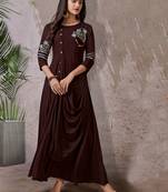 Brown embroidered rayon long-kurtis
