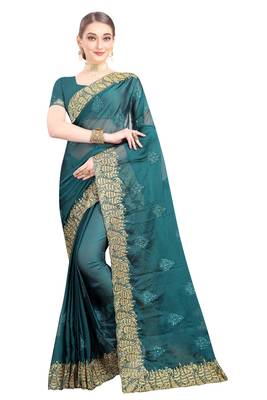 Teal embroidered chiffon saree with blouse 1