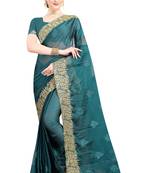 Teal embroidered chiffon saree with blouse