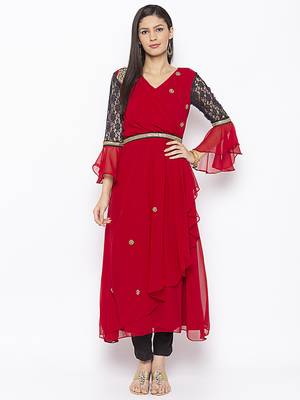 Red embroidered georgette party-wear-Kurti 2