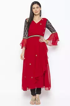 Red embroidered georgette party-wear-Kurti