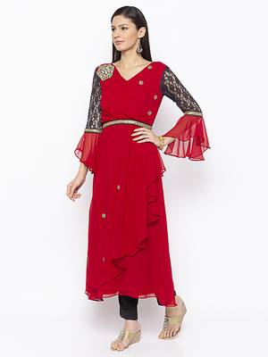 Red embroidered georgette party-wear-Kurti 3
