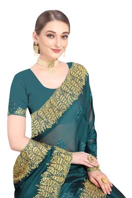 Teal embroidered chiffon saree with blouse 2