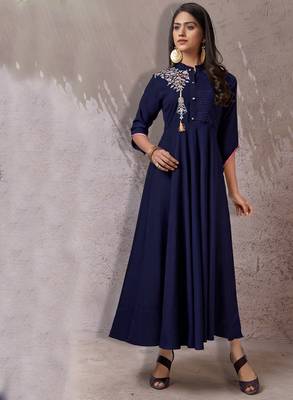 Navy-blue embroidered rayon long-kurtis 1