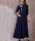 Navy-blue embroidered rayon long-kurtis