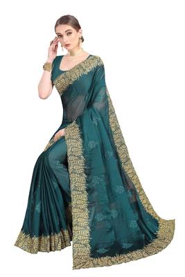 Teal embroidered chiffon saree with blouse 3
