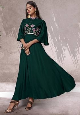 Green embroidered rayon long-kurtis 1
