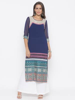 Dark-navy-blue printed crepe party-wear-Kurti 1