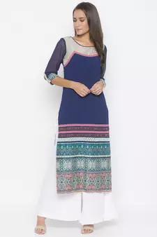 Dark-navy-blue printed crepe party-wear-Kurti