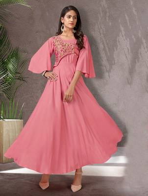 Pink embroidered rayon long-kurtis 1