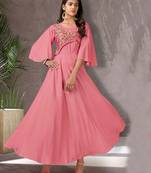 Pink embroidered rayon long-kurtis