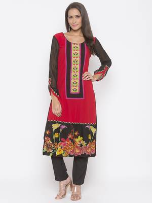 Red embroidered crepe party-wear-Kurti 2