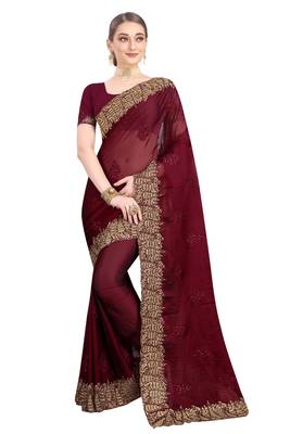Maroon embroidered chiffon saree with blouse 1