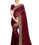 Maroon embroidered chiffon saree with blouse