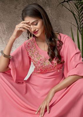 Pink embroidered rayon long-kurtis 2