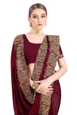 Maroon embroidered chiffon saree with blouse 2