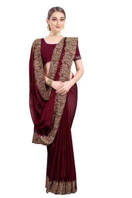 Maroon embroidered chiffon saree with blouse 3