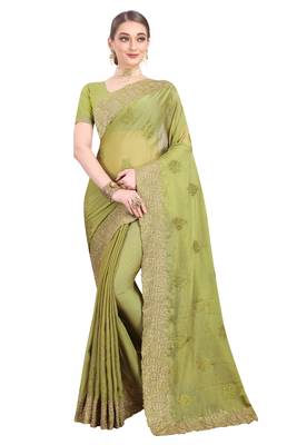 Green embroidered chiffon saree with blouse 1