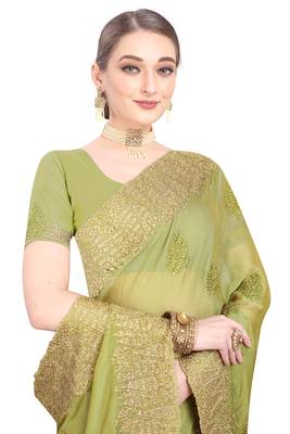 Green embroidered chiffon saree with blouse 2