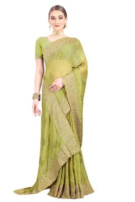 Green embroidered chiffon saree with blouse 3
