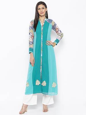 Green embroidered georgette party-wear-kurtis 1