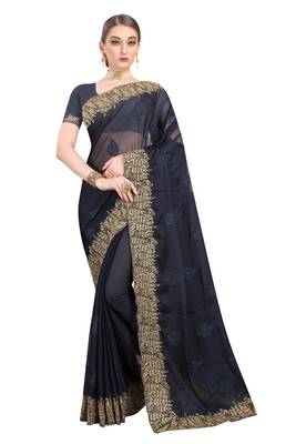 Navy blue embroidered chiffon saree with blouse 1