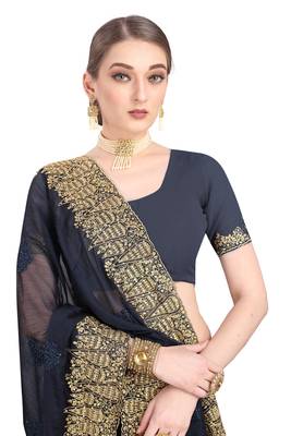 Navy blue embroidered chiffon saree with blouse 2