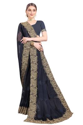 Navy blue embroidered chiffon saree with blouse 3