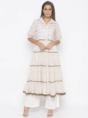 Cream printed cotton party-wear-Kurti 1
