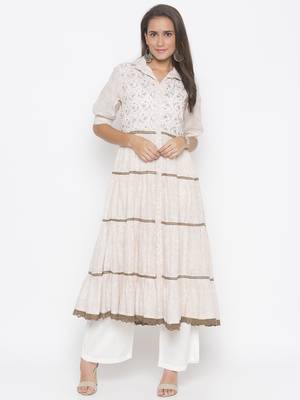 Cream printed cotton party-wear-Kurti 2