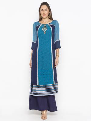 Dark-blue embroidered georgette party-wear-Kurti 2