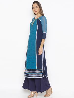 Dark-blue embroidered georgette party-wear-Kurti 3
