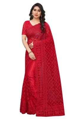 Red embroidered net saree with blouse 1