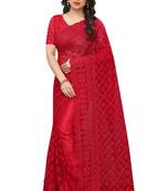 Red embroidered net saree with blouse
