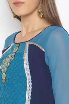 Dark-blue embroidered georgette party-wear-Kurti