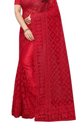 Red embroidered net saree with blouse 2