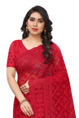 Red embroidered net saree with blouse 3