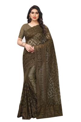 Mehendi embroidered net saree with blouse 1